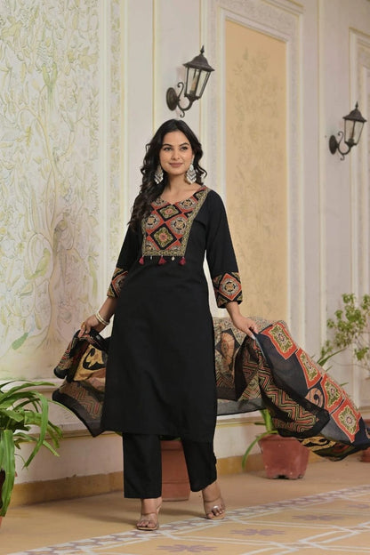 Black Printed Ethnic Kurti Set