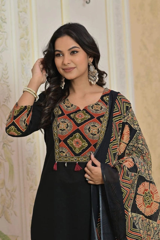Black Printed Ethnic Kurti Set