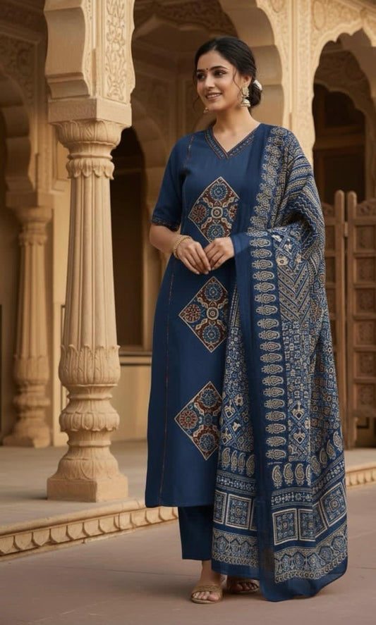 Blue Printed Cotton Kurta Set
