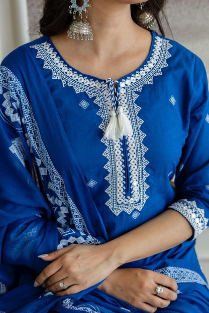 Blue Embroidered Cotton Kurta Set with White Thread Detailing