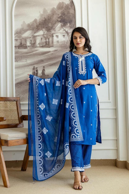 Blue Embroidered Cotton Kurta Set with White Thread Detailing