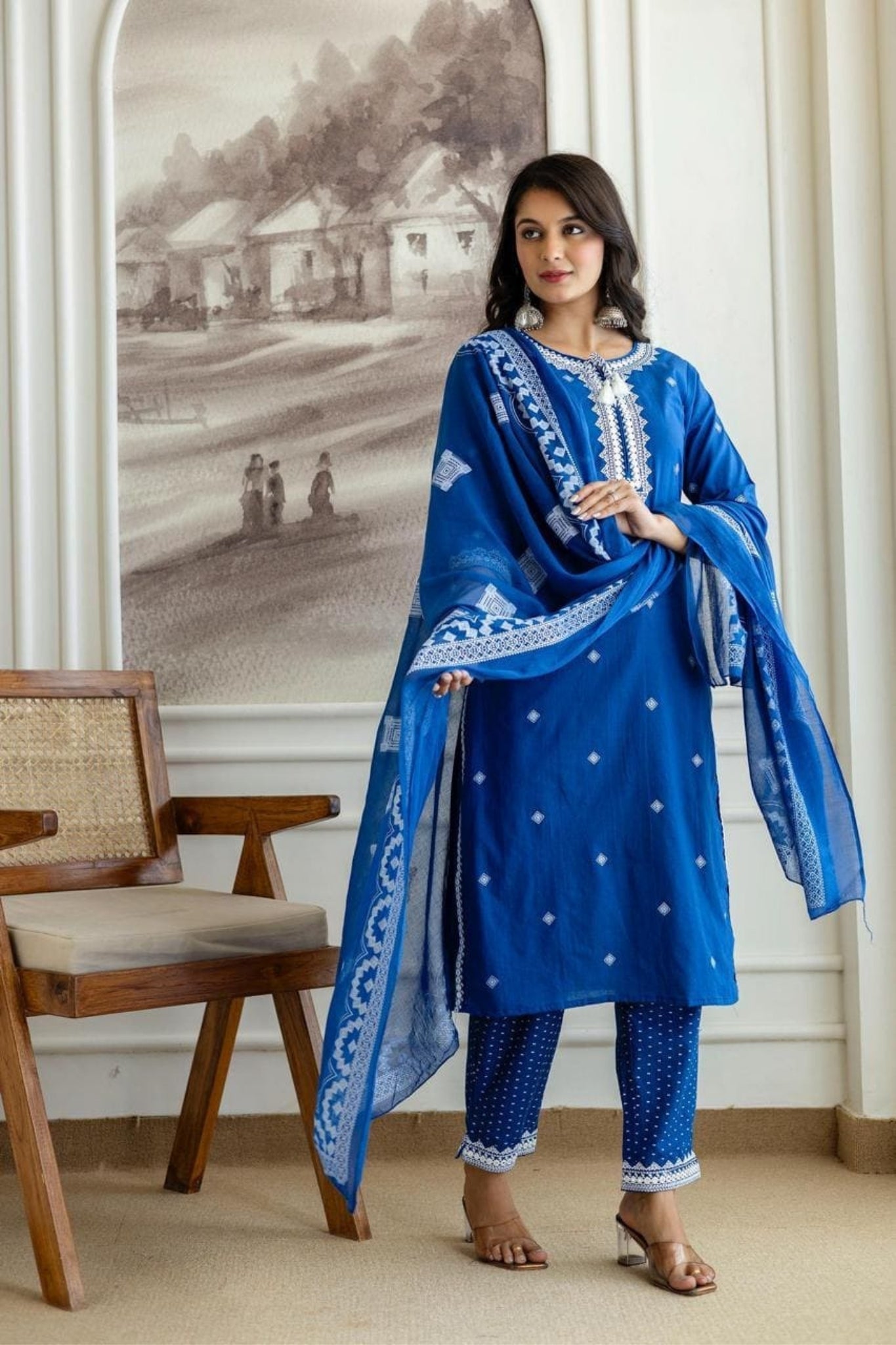 Blue Embroidered Cotton Kurta Set with White Thread Detailing