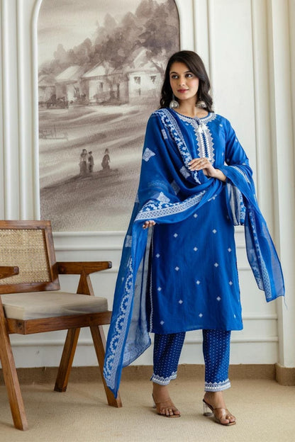 Blue Embroidered Cotton Kurta Set with White Thread Detailing
