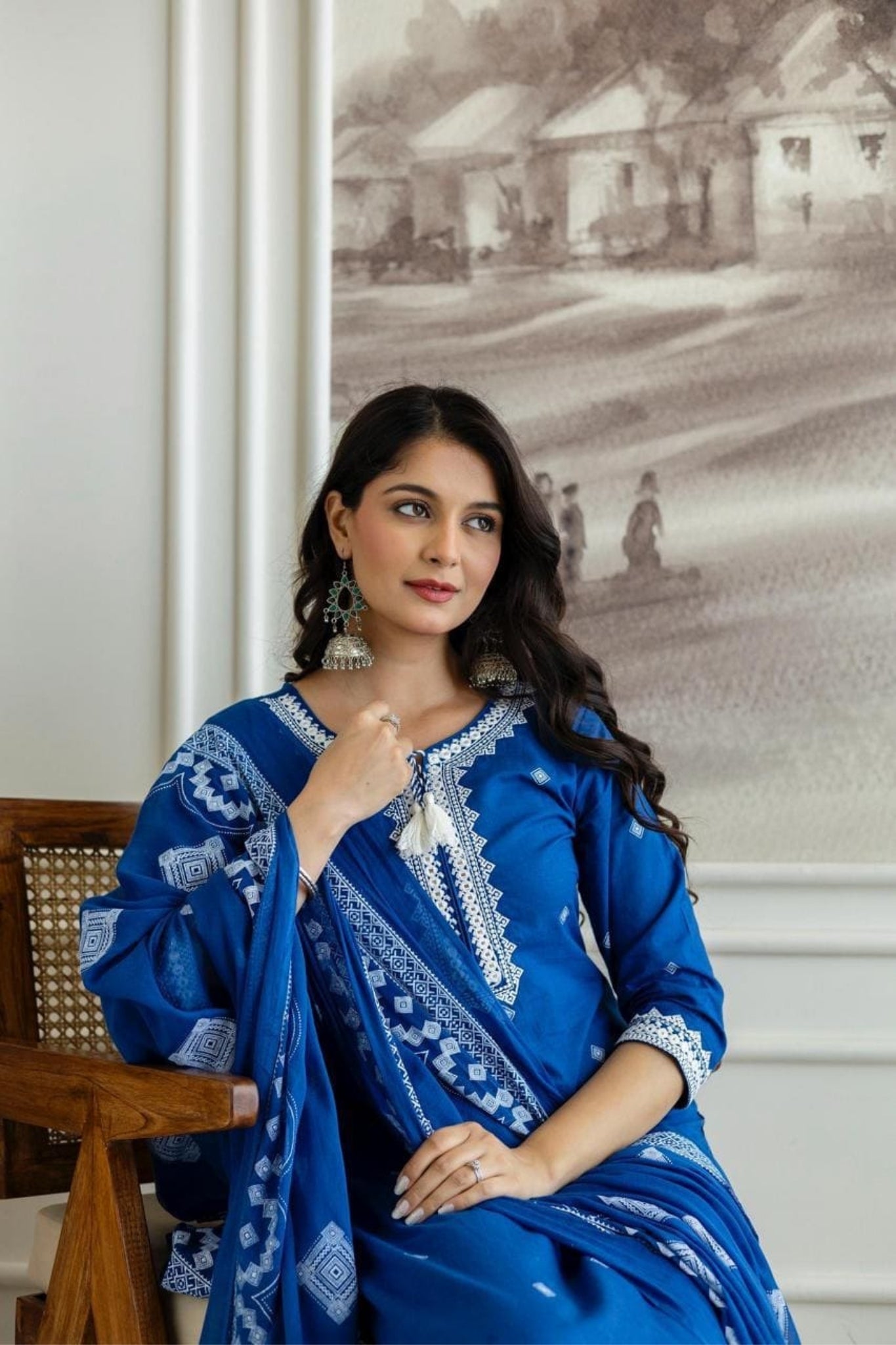 Blue Embroidered Cotton Kurta Set with White Thread Detailing