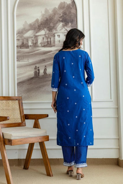 Blue Embroidered Cotton Kurta Set with White Thread Detailing