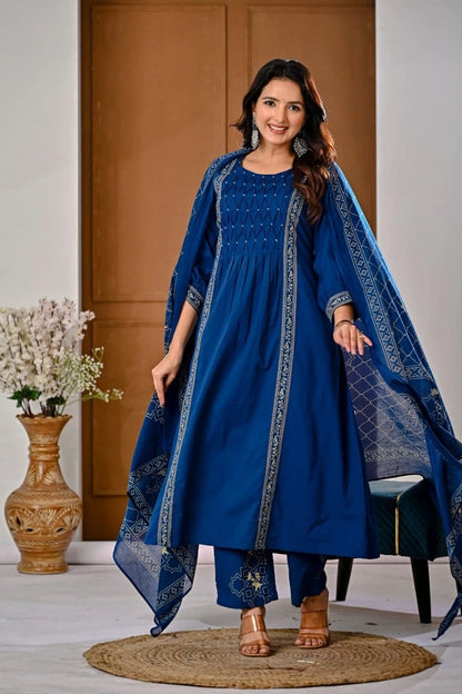 Blue Embroidered Ethnic Kurti Set