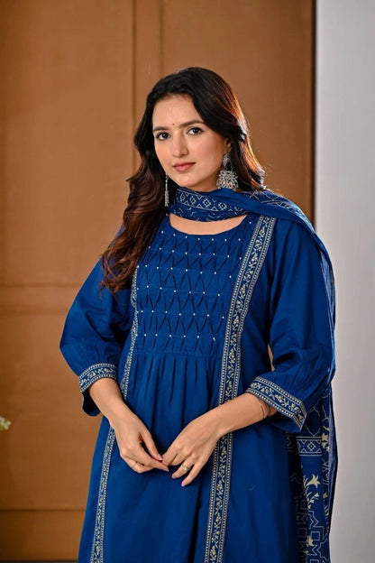 Blue Embroidered Ethnic Kurti Set