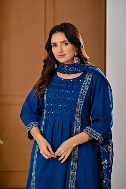 Blue Embroidered Ethnic Kurti Set