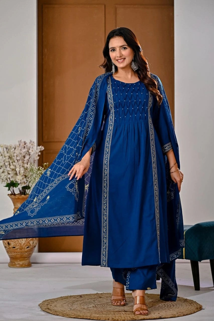 Blue Embroidered Ethnic Kurti Set
