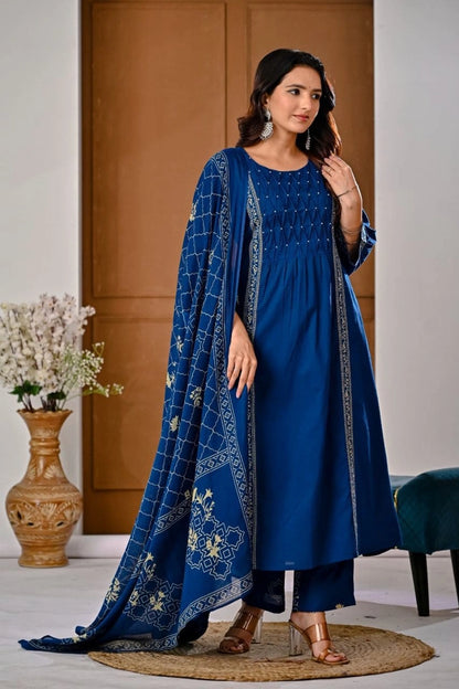 Blue Embroidered Ethnic Kurti Set
