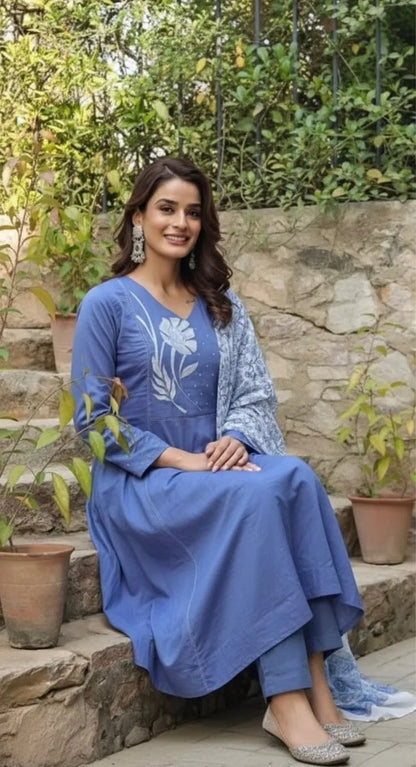 Blue Printed Kurta Set with Dupatta