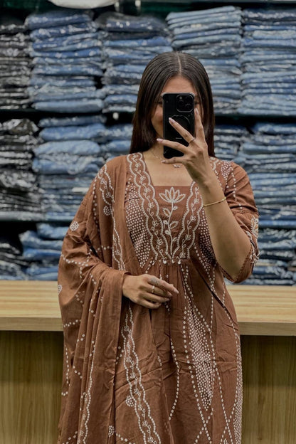 Brown Bandhani Cotton Kurta Set with Dupatta Ethnic Wear