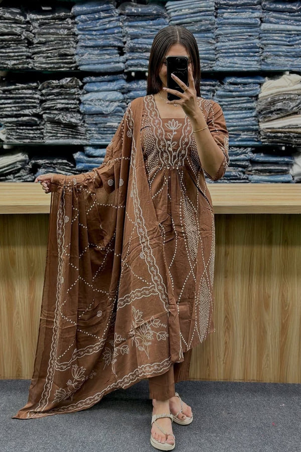 Brown Bandhani Cotton Kurta Set with Dupatta Ethnic Wear