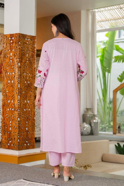 Ivory Floral Embroidered Cotton Kurta Set Elegant Style