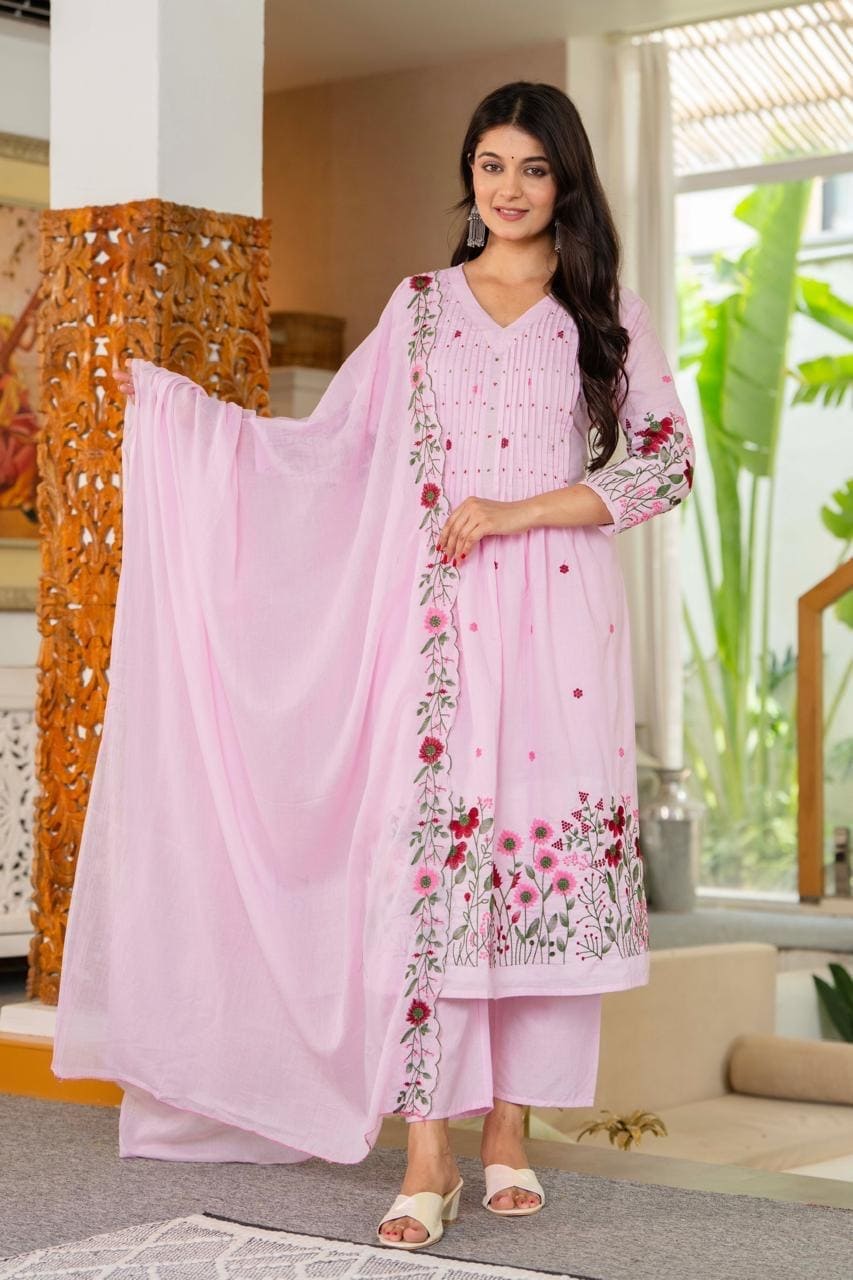 Ivory Floral Embroidered Cotton Kurta Set Elegant Style