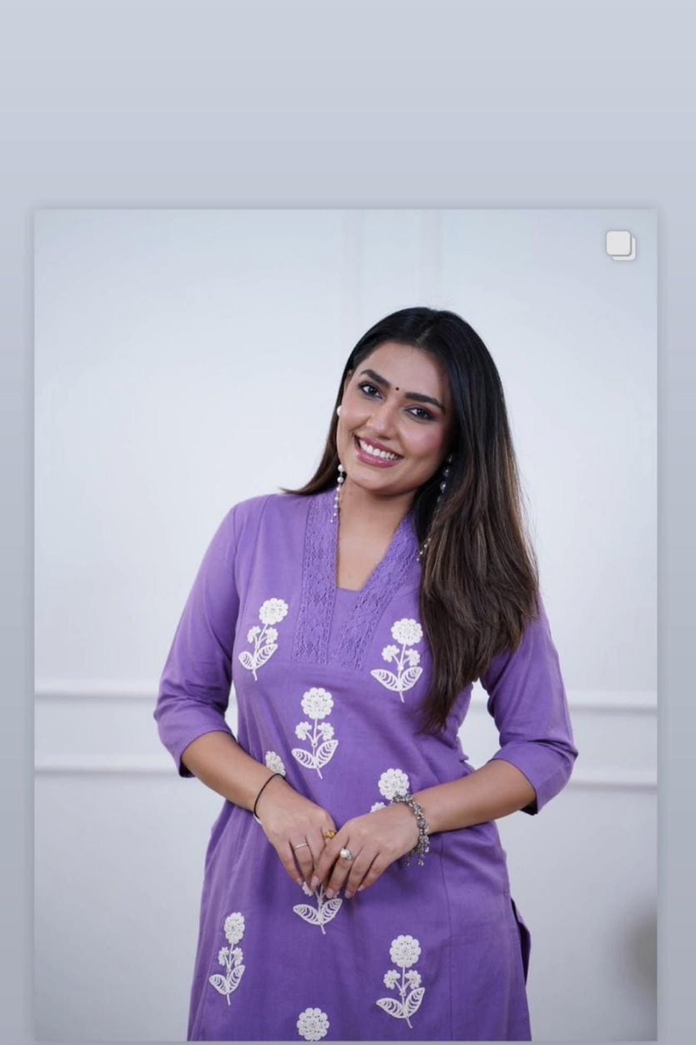 Lavender Floral Cotton Kurta Pant Set with White Embroidery