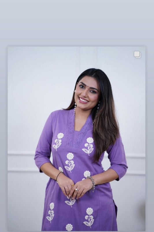 Lavender Floral Cotton Kurta Pant Set with White Embroidery