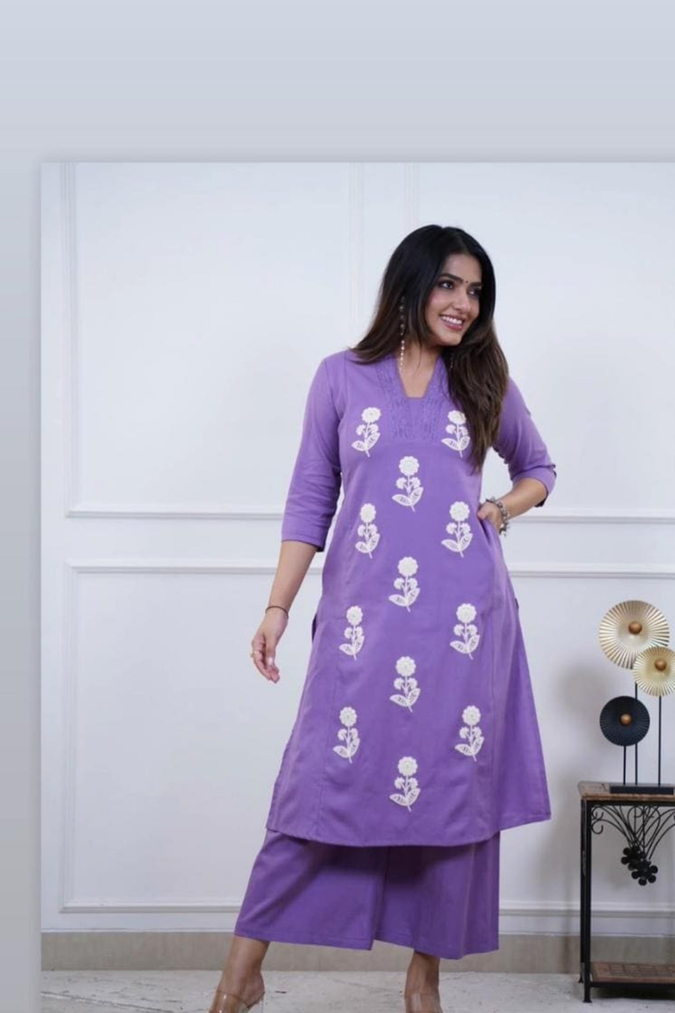 Lavender Floral Cotton Kurta Pant Set with White Embroidery