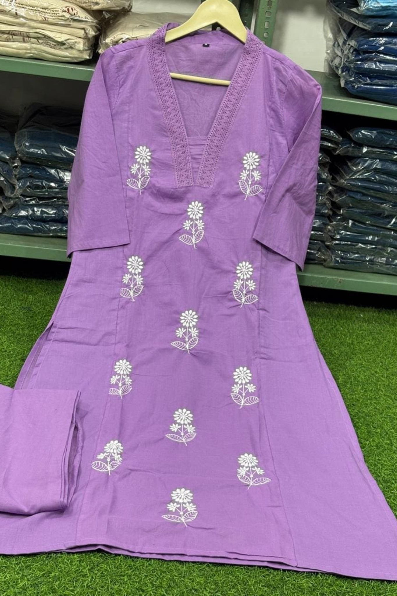 Lavender Floral Cotton Kurta Pant Set with White Embroidery