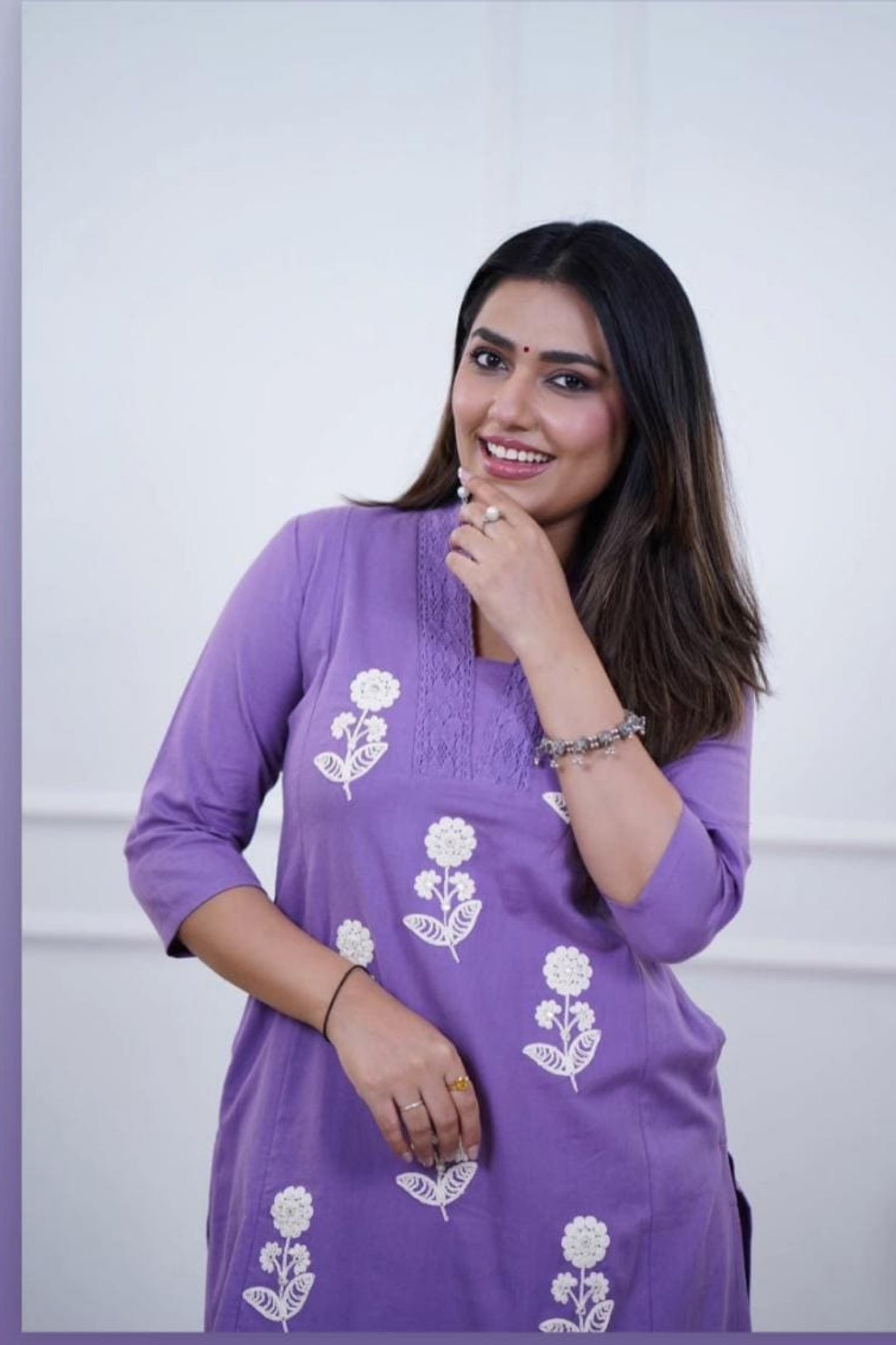 Lavender Floral Cotton Kurta Pant Set with White Embroidery