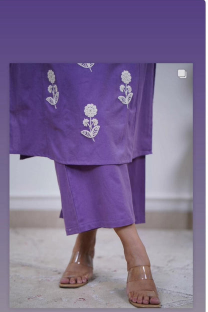 Lavender Floral Cotton Kurta Pant Set with White Embroidery