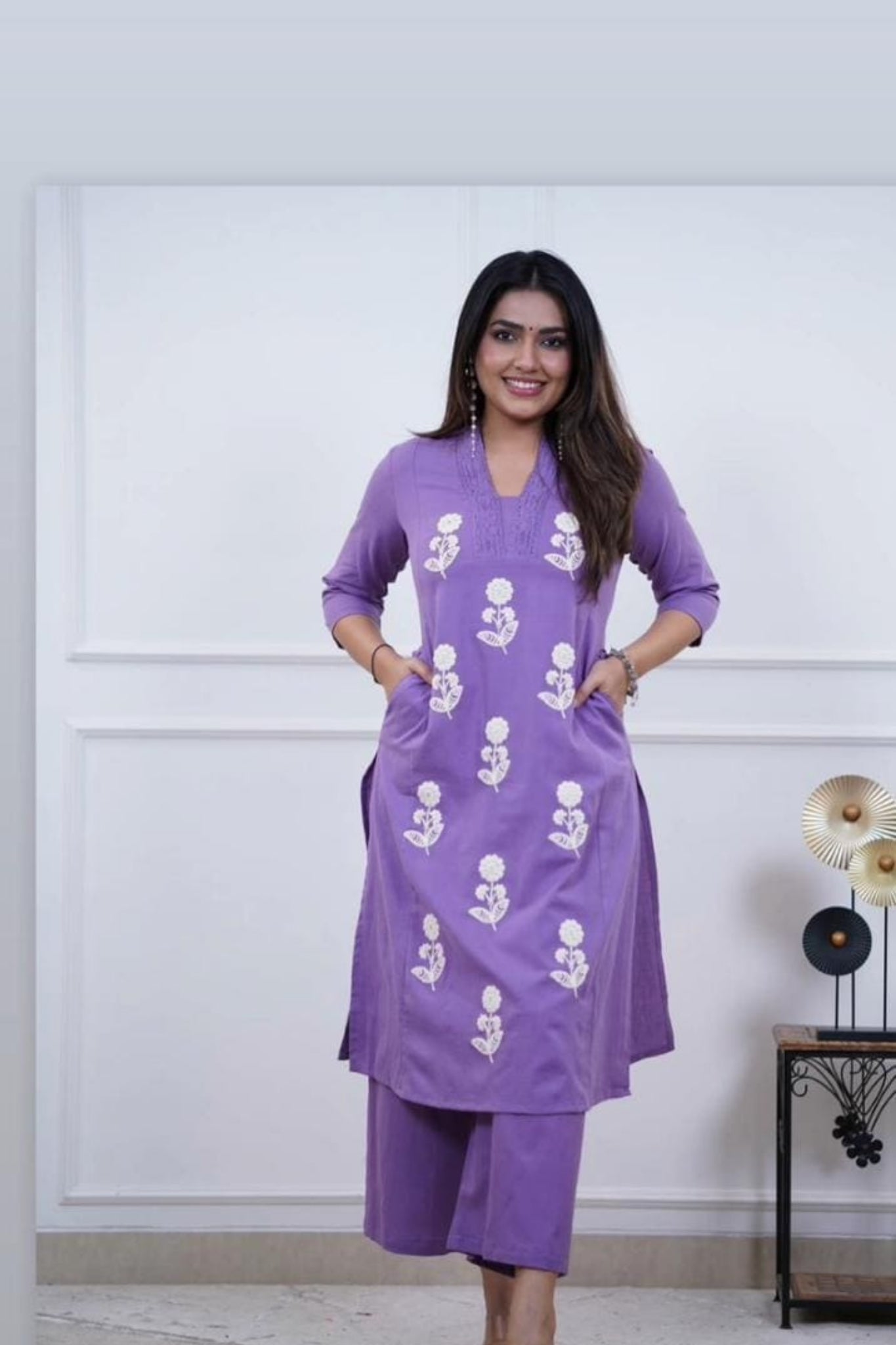 Lavender Floral Cotton Kurta Pant Set with White Embroidery