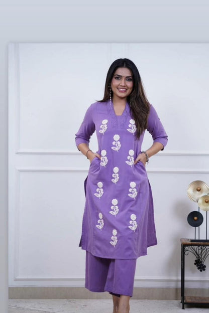 Lavender Floral Cotton Kurta Pant Set with White Embroidery