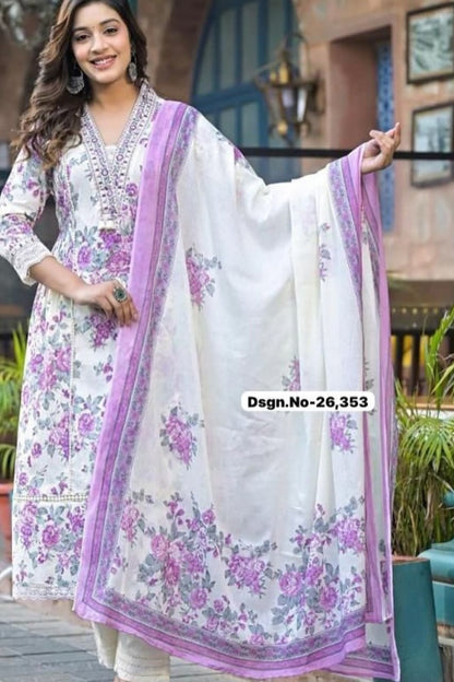 Lilac White Floral Print Cotton Kurta Set with Dupatta