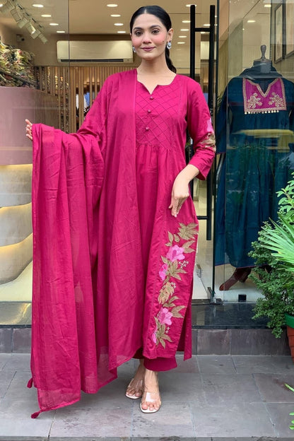 Magenta Floral Embroidered Cotton Kurta Set with Dupatta