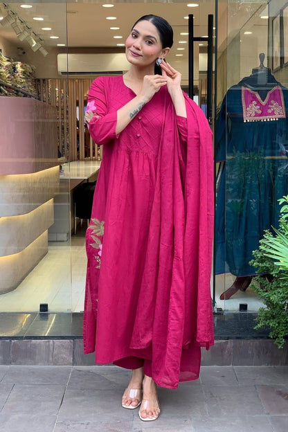 Magenta Floral Embroidered Cotton Kurta Set with Dupatta