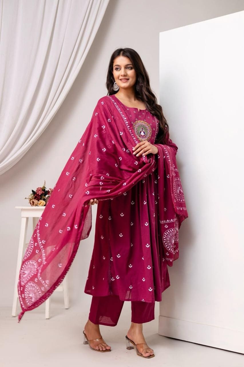 Magenta Peacock Embroidered Kurta Set with Designer Dupatta