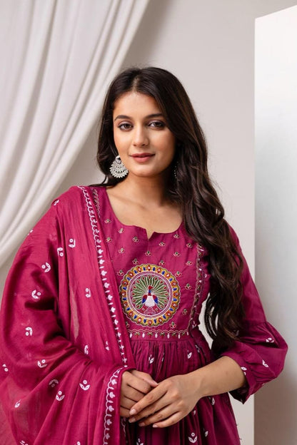 Magenta Peacock Embroidered Kurta Set with Designer Dupatta