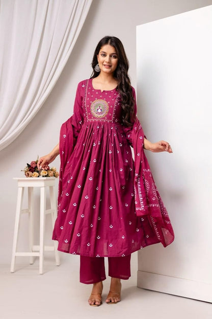 Magenta Peacock Embroidered Kurta Set with Designer Dupatta