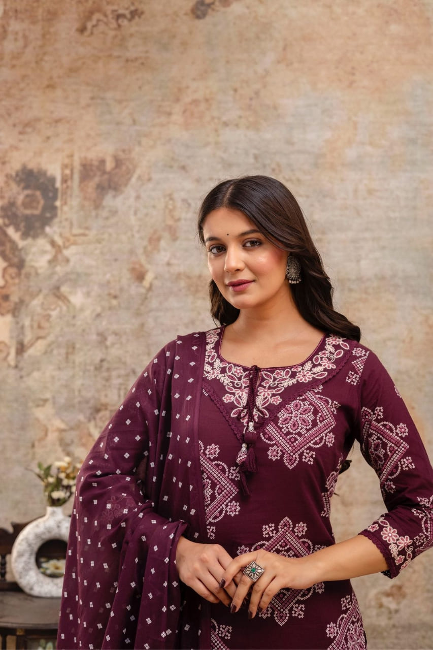 Maroon Embroidered Kurti Pant Set With Dupatta