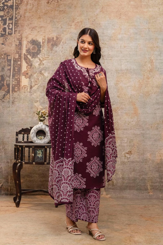Maroon Embroidered Kurti Pant Set With Dupatta