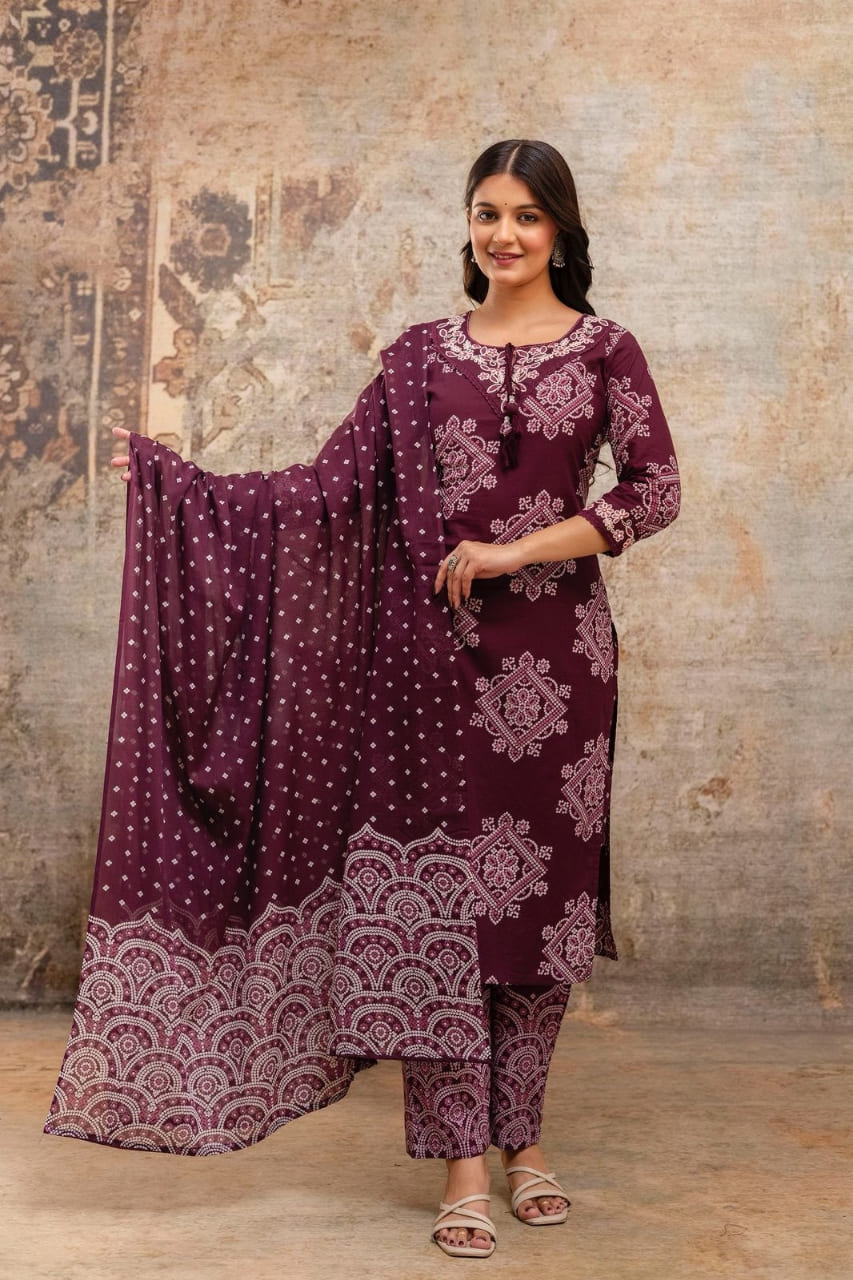 Maroon Embroidered Kurti Pant Set With Dupatta