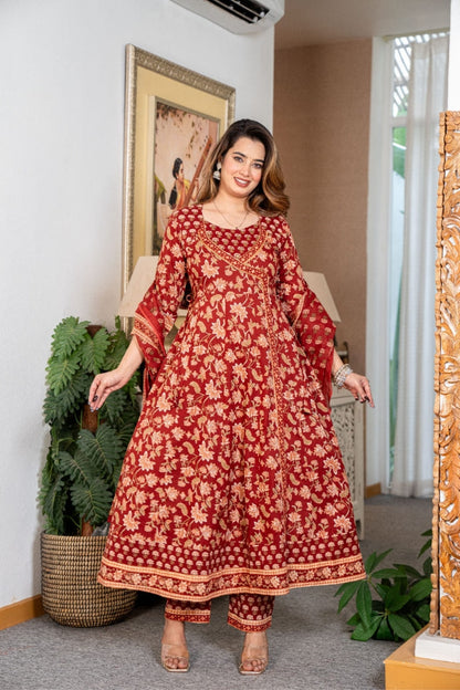 Maroon Floral Anarkali Printed Kurti Pant Set Design