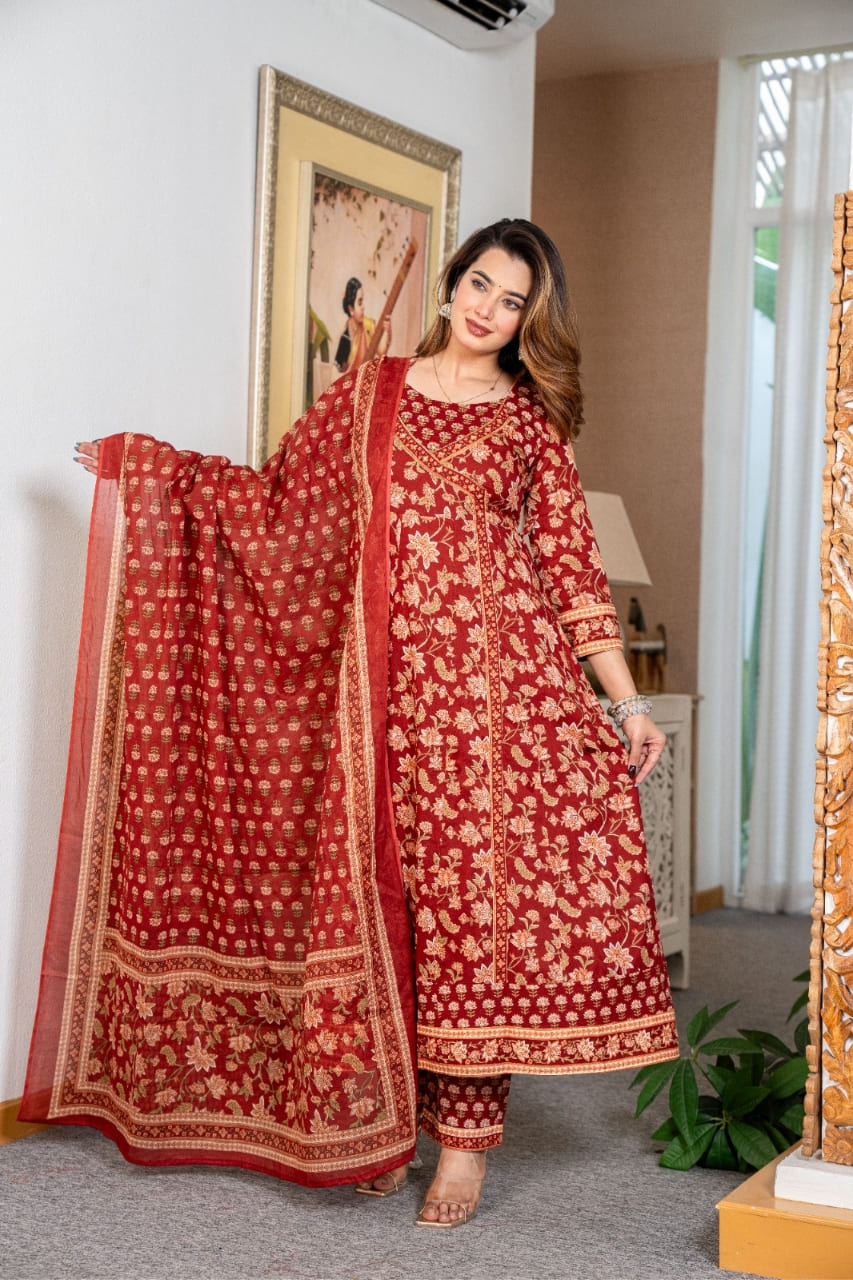 Maroon Floral Anarkali Printed Kurti Pant Set Design