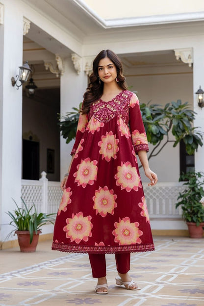 Maroon Floral Printed Anarkali Suit Set For Women