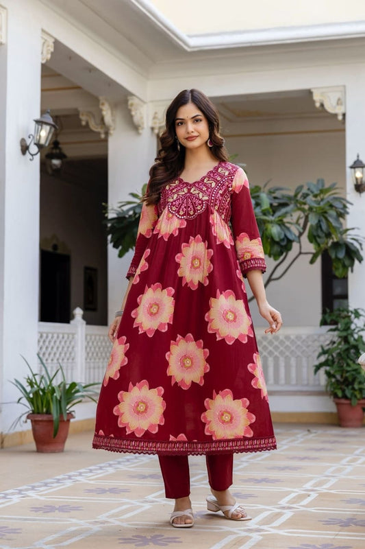 Maroon Floral Printed Anarkali Suit Set For Women