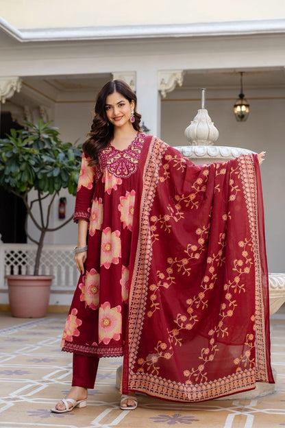 Maroon Floral Printed Anarkali Suit Set For Women