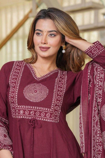 Maroon Printed Ethnic Kurti Set