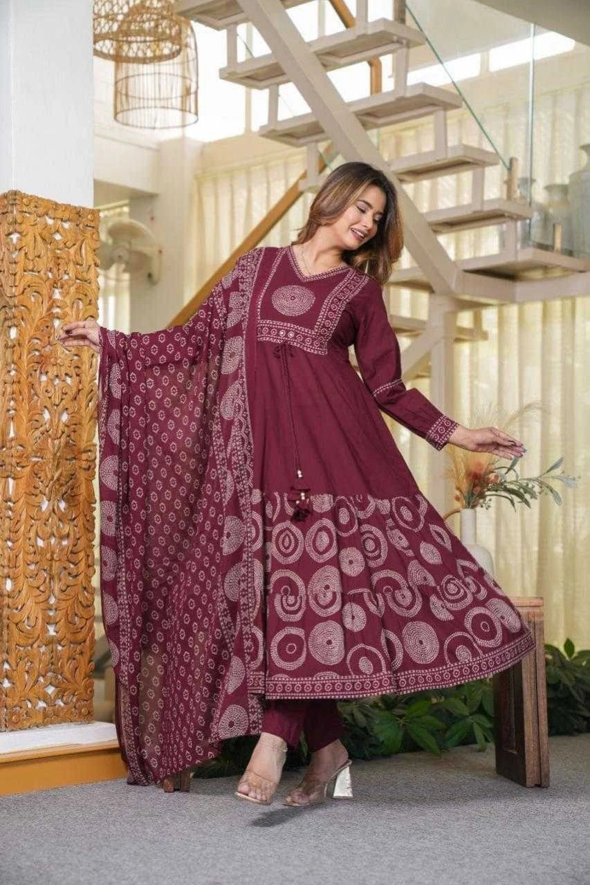 Maroon Printed Ethnic Kurti Set