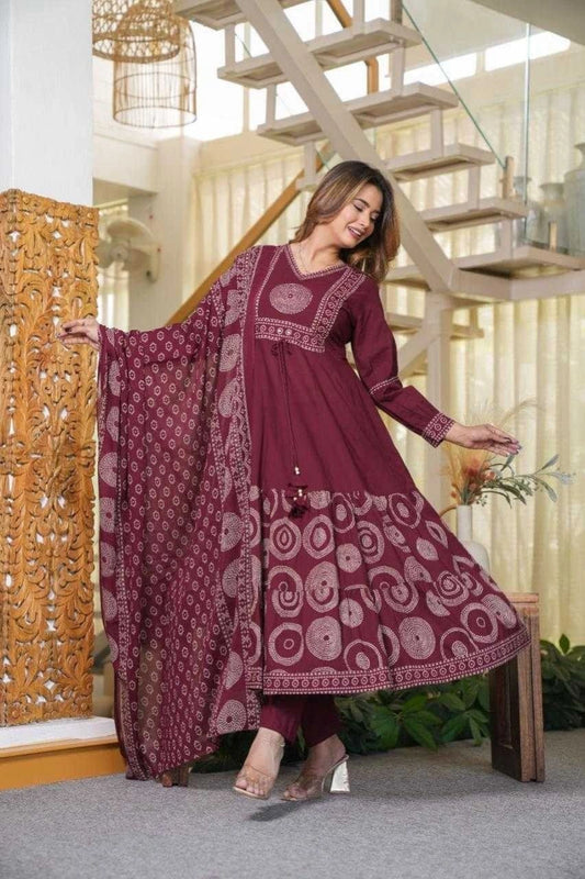 Maroon Printed Ethnic Kurti Set
