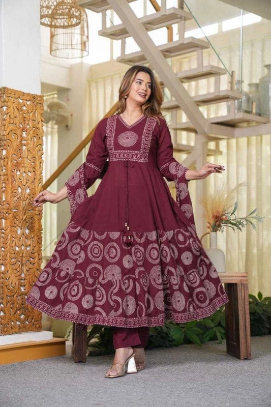 Maroon Printed Ethnic Kurti Set