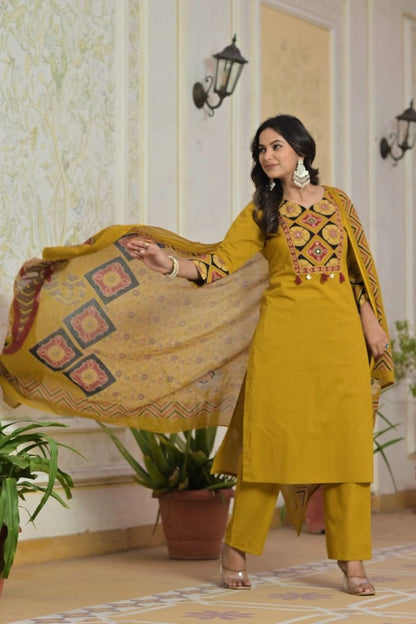 Mustard Printed Ethnic Kurti Set