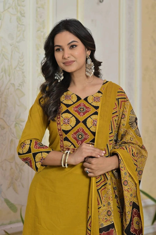 Mustard Printed Ethnic Kurti Set