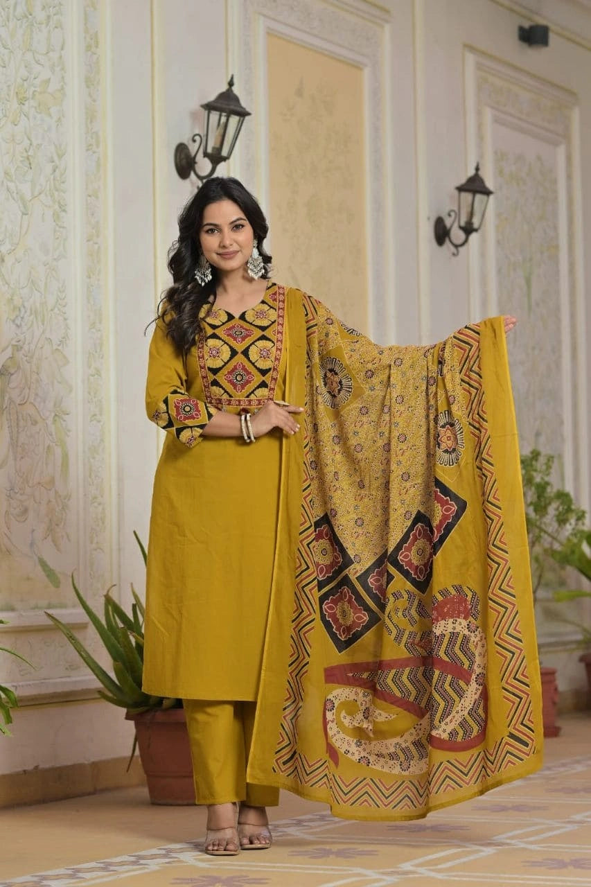 Mustard Printed Ethnic Kurti Set