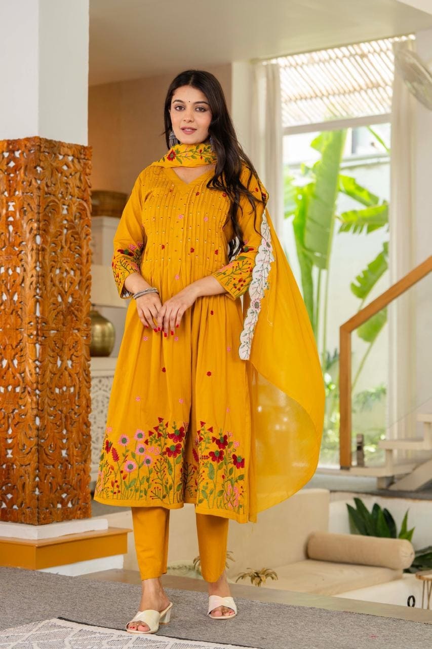 Mustard Floral Embroidered Anarkali Kurta Set with Dupatta