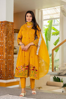 Mustard Floral Embroidered Anarkali Kurta Set with Dupatta